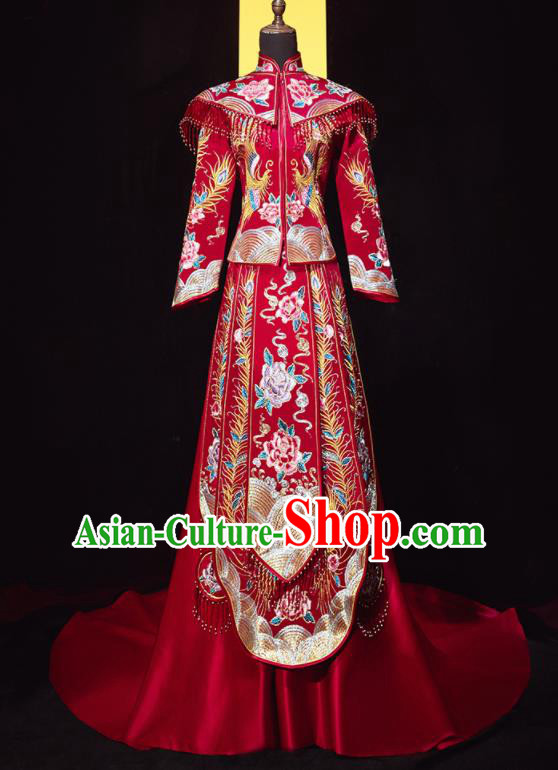 Chinese Traditional Wedding Embroidered Peony Blouse and Dress Xiu He Suit Red Bottom Drawer Ancient Bride Costumes for Women