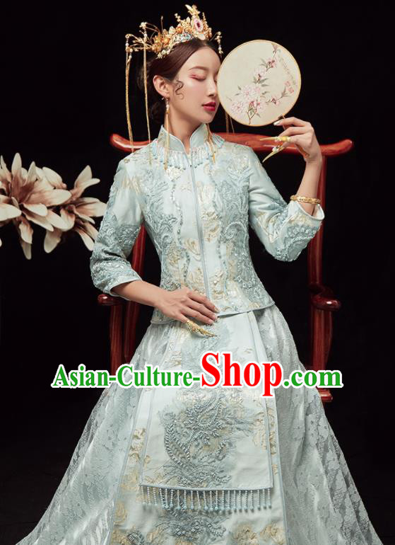 Chinese Traditional Wedding Embroidered Light Blue Blouse and Dress Xiu He Suit Red Bottom Drawer Ancient Bride Costumes for Women