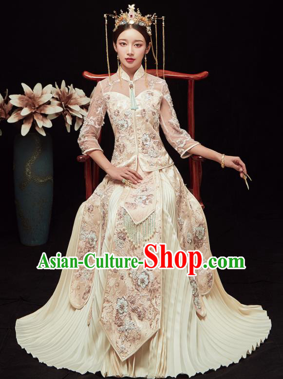 Chinese Traditional Wedding Embroidered White Blouse and Dress Xiu He Suit Red Bottom Drawer Ancient Bride Costumes for Women