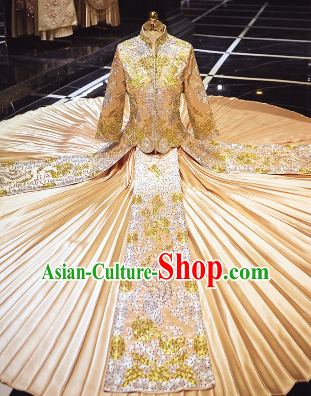 Chinese Traditional Wedding Embroidered Drilling Champagne Blouse and Dress Xiu He Suit Red Bottom Drawer Ancient Bride Costumes for Women