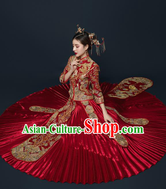 Chinese Traditional Wedding Embroidered Drilling Red Blouse and Dress Xiu He Suit Red Bottom Drawer Ancient Bride Costumes for Women