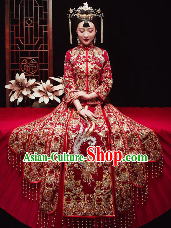 Chinese Traditional Wedding Embroidered Drilling Phoenix Red Blouse and Dress Xiu He Suit Red Bottom Drawer Ancient Bride Costumes for Women