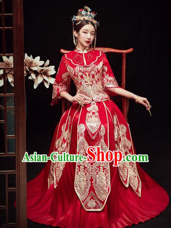 Chinese Traditional Wedding Embroidered Red Blouse and Dress Xiu He Suit Red Bottom Drawer Ancient Bride Costumes for Women