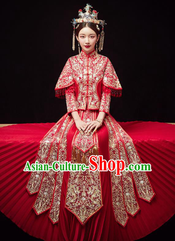 Chinese Traditional Wedding Embroidered Drilling Flowers Red Blouse and Dress Xiu He Suit Red Bottom Drawer Ancient Bride Costumes for Women