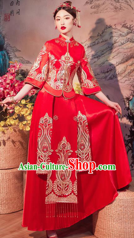 Chinese Traditional Wedding Embroidered Red Slim Blouse and Dress Xiu He Suit Red Bottom Drawer Ancient Bride Costumes for Women