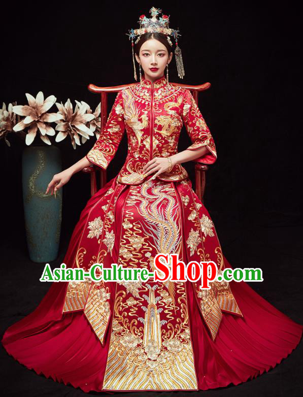 Chinese Traditional Wedding Embroidered Phoenix Peony Slim Blouse and Dress Xiu He Suit Red Bottom Drawer Ancient Bride Costumes for Women