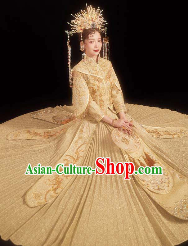 Chinese Traditional Embroidered Golden Bottom Drawer Wedding Blouse and Dress Xiu He Suit Ancient Bride Costumes for Women