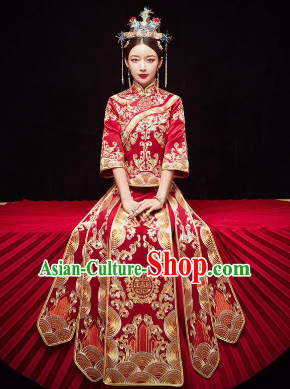 Chinese Traditional Wedding Embroidered Red Slim Blouse and Dress Xiu He Suit Red Bottom Drawer Ancient Bride Costumes for Women