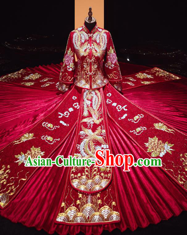 Chinese Traditional Wedding Embroidered Red Blouse and Dress Xiu He Suit Red Drilling Phoenix Bottom Drawer Ancient Bride Costumes for Women