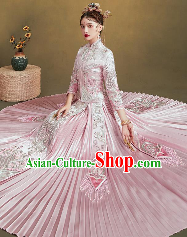 Chinese Traditional Embroidered Pink Bottom Drawer Wedding Blouse and Dress Xiu He Suit Ancient Bride Costumes for Women