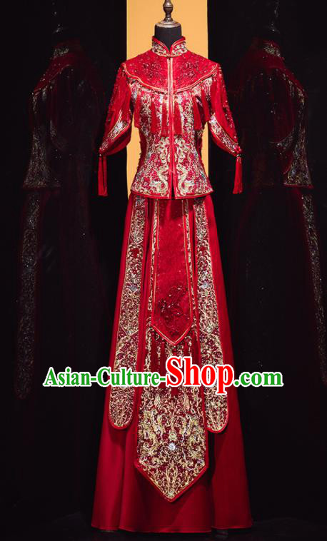 Chinese Traditional Xiu He Suit Wedding Embroidered Drilling Red Blouse and Dress Bottom Drawer Ancient Bride Costumes for Women