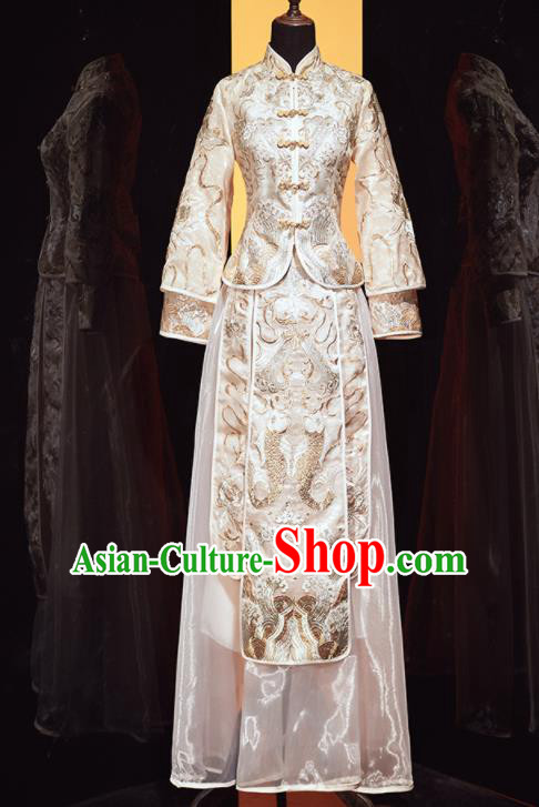Chinese Traditional Xiu He Suit Wedding Embroidered Beige Blouse and Dress Bottom Drawer Ancient Bride Costumes for Women