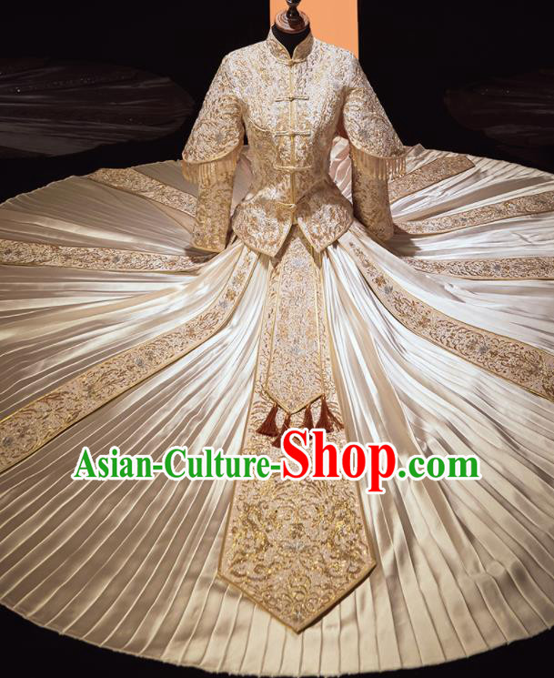 Chinese Traditional Xiu He Suit Wedding Embroidered Light Golden Blouse and Dress Bottom Drawer Ancient Bride Costumes for Women