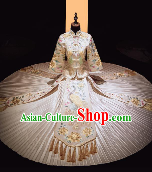 Chinese Traditional Xiu He Suit Wedding Embroidered Peacock White Blouse and Dress Bottom Drawer Ancient Bride Costumes for Women