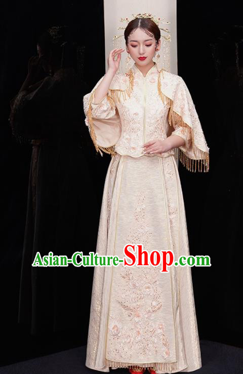 Chinese Traditional White Xiu He Suit Wedding Embroidered Blouse and Dress Bottom Drawer Ancient Bride Costumes for Women