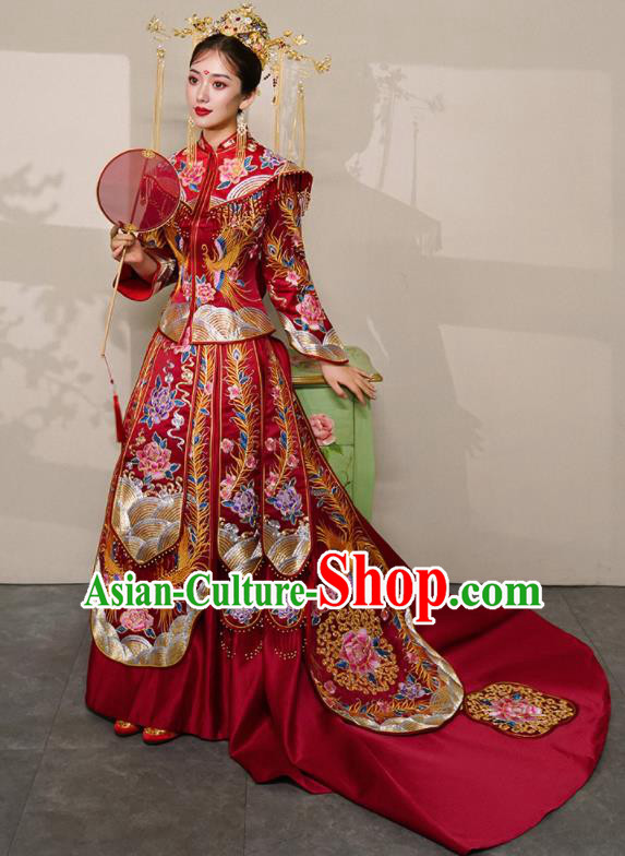 Chinese Traditional Xiu He Suit Wedding Embroidered Peony Red Blouse and Dress Bottom Drawer Ancient Bride Costumes for Women