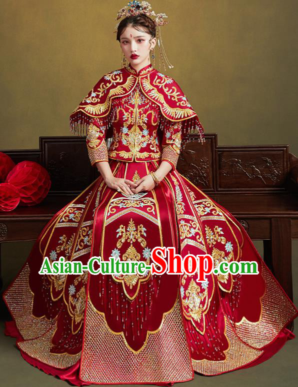 Chinese Traditional Wedding Bottom Drawer Embroidered Blouse and Dress Xiu He Suit Ancient Bride Costumes for Women