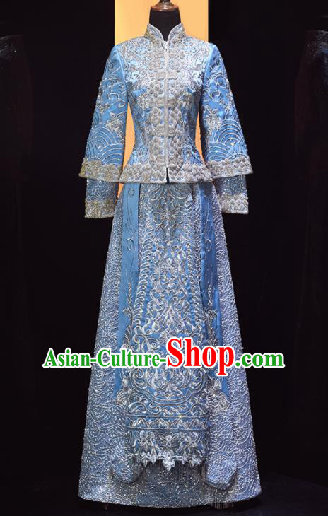 Chinese Traditional Drilling Blue Xiu He Suit Wedding Embroidered Blouse and Dress Bottom Drawer Ancient Bride Costumes for Women