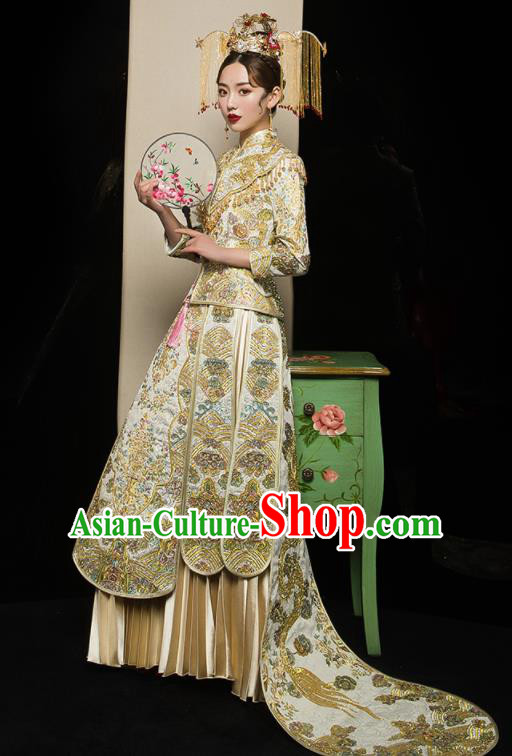 Chinese Traditional Xiu He Suit Wedding Embroidered Golden Blouse and Dress Bottom Drawer Ancient Bride Costumes for Women