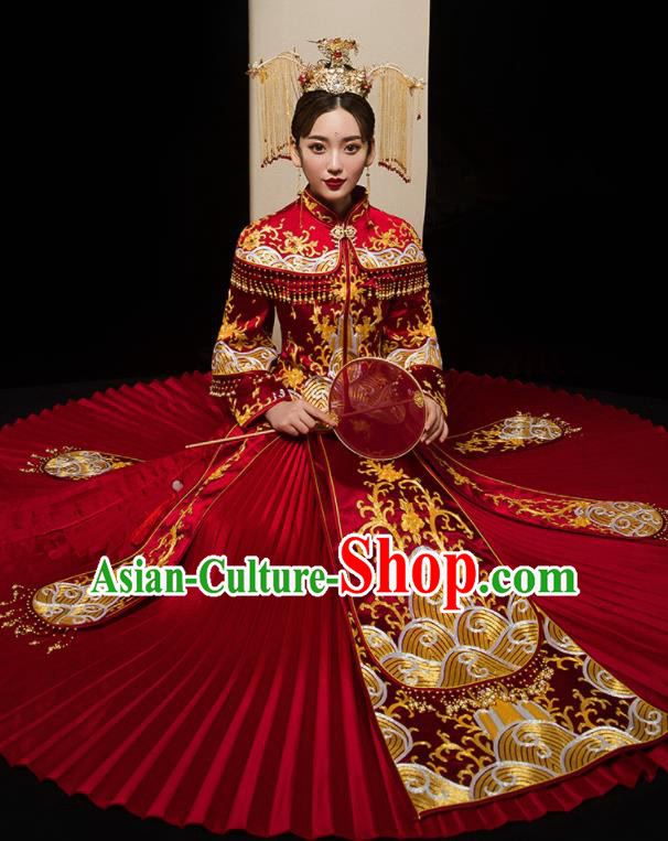 Chinese Traditional Xiu He Suit Wedding Embroidered Red Blouse and Dress Bottom Drawer Ancient Bride Costumes for Women