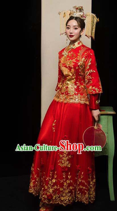 Chinese Traditional Xiu He Suit Wedding Embroidered Red Veil Blouse and Dress Bottom Drawer Ancient Bride Costumes for Women