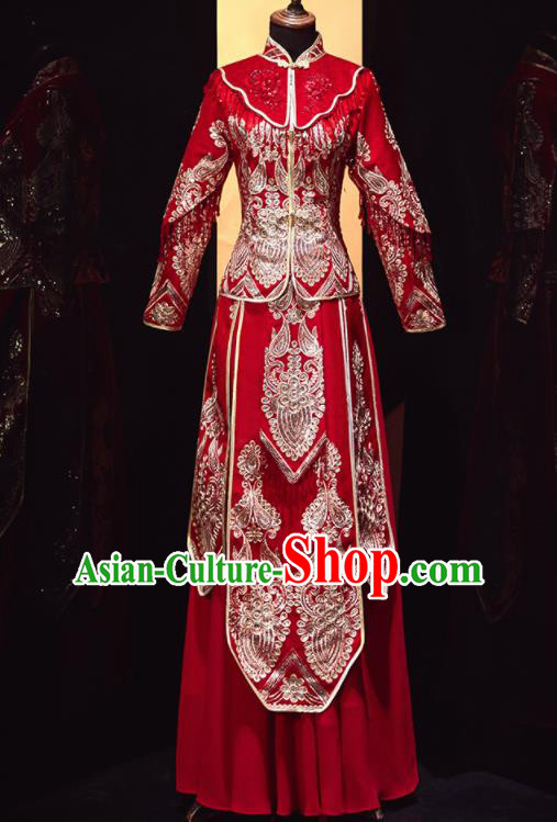 Chinese Traditional Xiu He Suit Wedding Embroidered Red Blouse and Dress Bottom Drawer Ancient Bride Costumes for Women