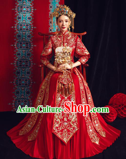 Chinese Traditional Bride Embroidered Xiu He Suit Wedding Red Blouse and Dress Bottom Drawer Ancient Costumes for Women