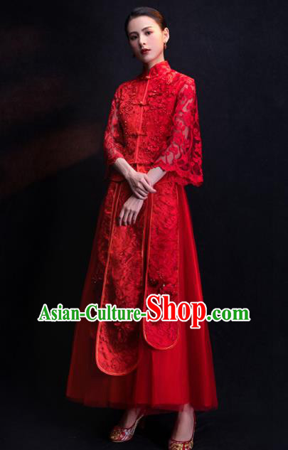 Chinese Traditional Bride Embroidered Veil Xiu He Suit Wedding Red Blouse and Dress Bottom Drawer Ancient Costumes for Women