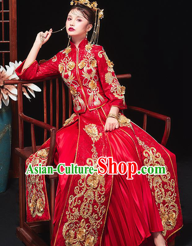 Chinese Traditional Bride Embroidered Flowers Red Xiu He Suit Wedding Blouse and Dress Bottom Drawer Ancient Costumes for Women