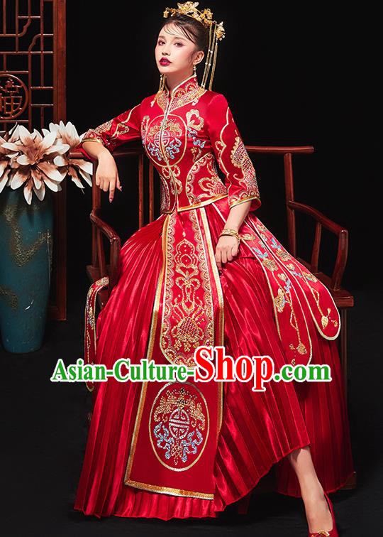 Chinese Traditional Bride Embroidered Drilling Red Xiu He Suit Wedding Blouse and Dress Bottom Drawer Ancient Costumes for Women