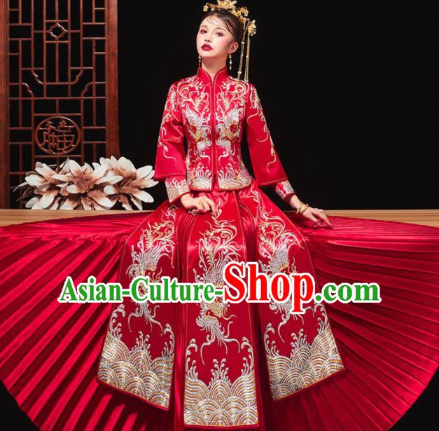 Chinese Traditional Bride Embroidered Drilling Phoenix Red Xiu He Suit Wedding Blouse and Dress Bottom Drawer Ancient Costumes for Women