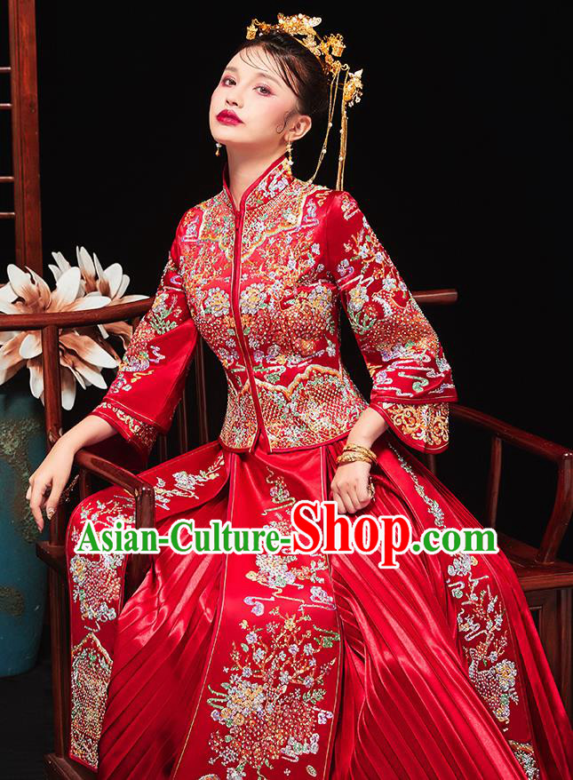 Chinese Traditional Bride Embroidered Drilling Peony Red Xiu He Suit Wedding Blouse and Dress Bottom Drawer Ancient Costumes for Women