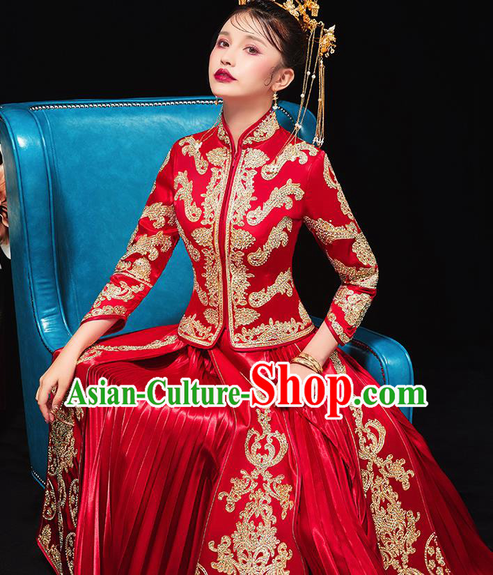 Chinese Traditional Bride Drilling Red Xiu He Suit Wedding Blouse and Dress Bottom Drawer Ancient Costumes for Women