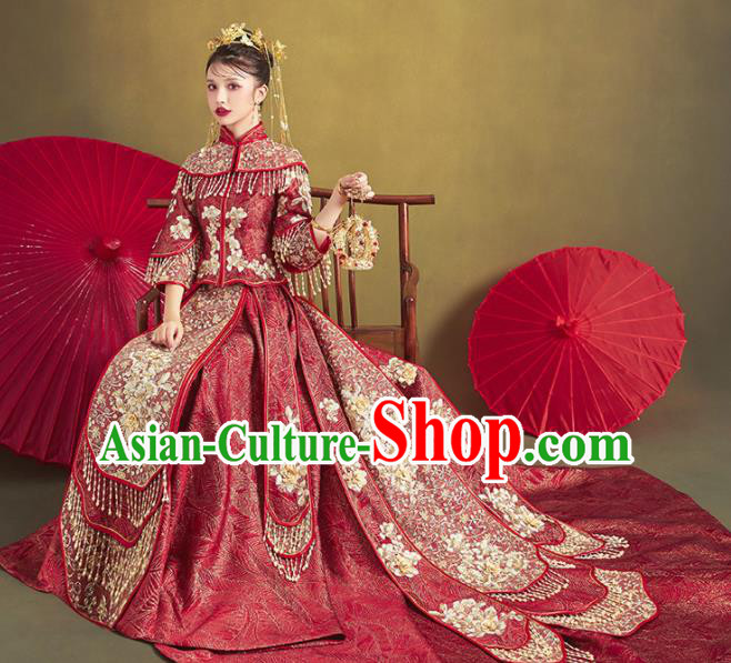 Chinese Traditional Bride Embroidered Wine Red Trailing Xiu He Suit Wedding Blouse and Dress Bottom Drawer Ancient Costumes for Women