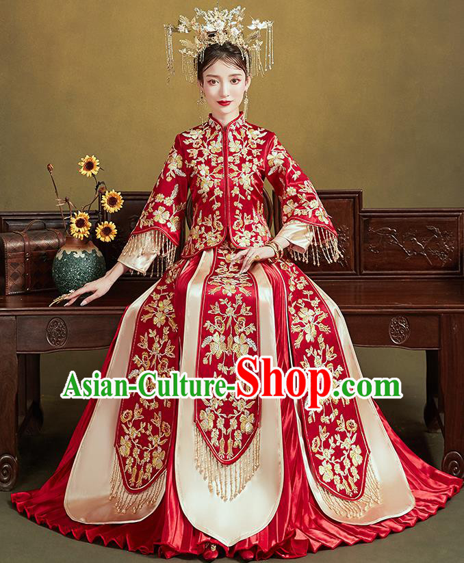 Chinese Traditional Bride Embroidered Flowers Red Xiu He Suit Wedding Blouse and Dress Bottom Drawer Ancient Costumes for Women