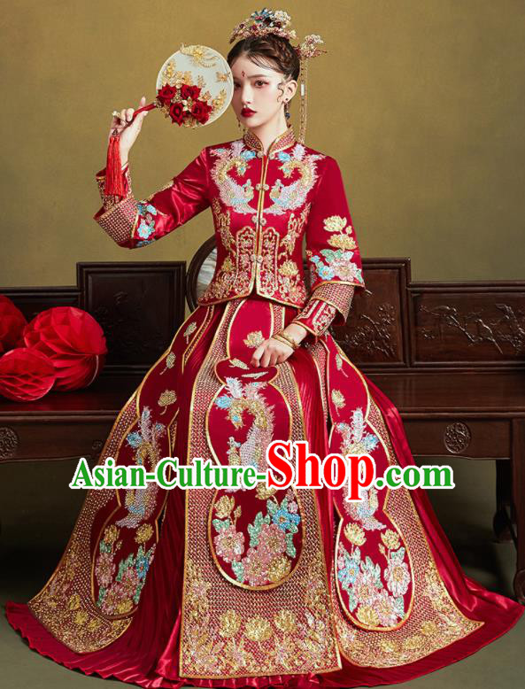 Chinese Traditional Wedding Drilling Bottom Drawer Embroidered Phoenix Peony Blouse and Dress Xiu He Suit Ancient Bride Costumes for Women