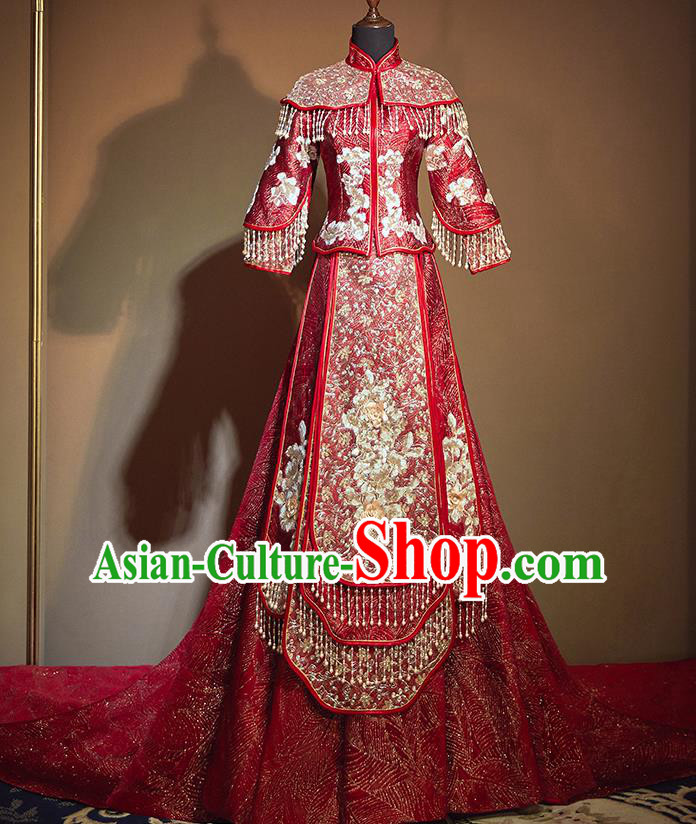 Chinese Traditional Bride Embroidered Red Trailing Xiu He Suit Wedding Blouse and Dress Bottom Drawer Ancient Costumes for Women