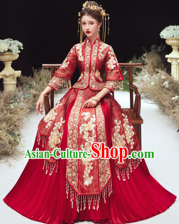 Chinese Traditional Bride Embroidered Xiu He Suit Wedding Blouse and Dress Bottom Drawer Ancient Costumes for Women