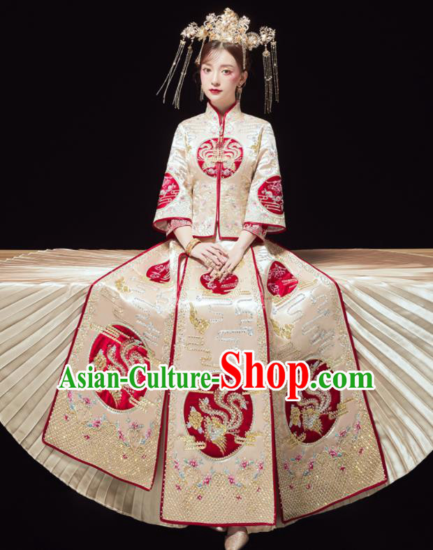 Chinese Traditional Bride Embroidered Drilling Phoenix Golden Xiu He Suit Wedding Blouse and Dress Bottom Drawer Ancient Costumes for Women