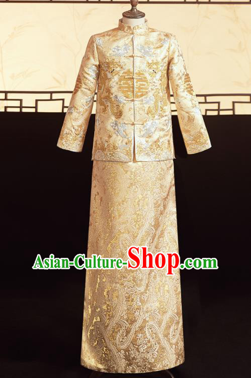 Chinese Ancient Bridegroom Golden Embroidered Dragons Mandarin Jacket and Pants Traditional Wedding Tang Suit Costumes for Men