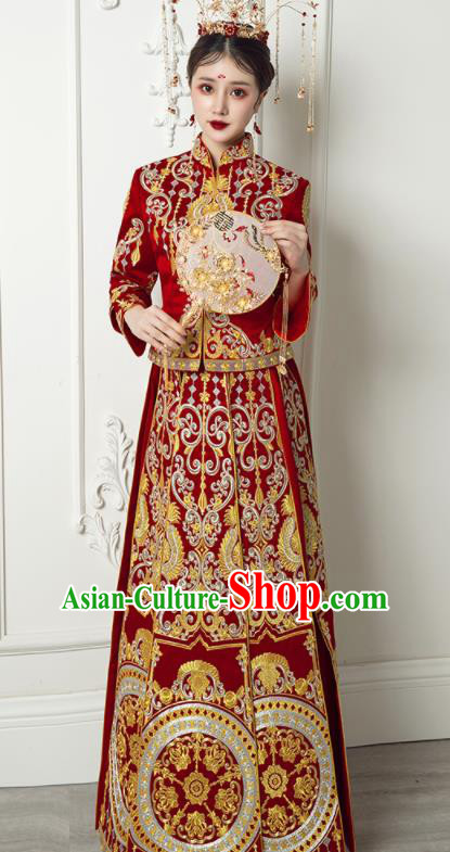 Chinese Traditional Xiu He Suit Wedding Embroidered Red Blouse and Dress Bottom Drawer Ancient Bride Costumes for Women