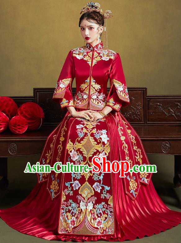 Chinese Traditional Wedding Bottom Drawer Embroidered Flowers Blouse and Dress Xiu He Suit Ancient Bride Costumes for Women