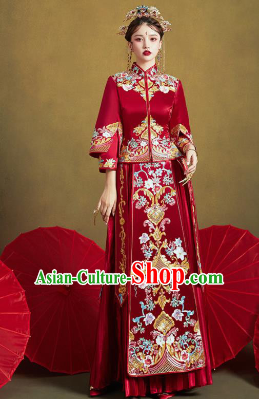 Chinese Traditional Wedding Bottom Drawer Embroidered Flowers Blouse and Dress Xiu He Suit Ancient Bride Costumes for Women