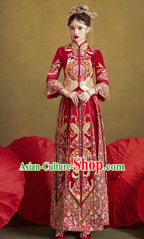 Chinese Traditional Wedding Bottom Drawer Embroidered Butterfly Peony Blouse and Dress Xiu He Suit Ancient Bride Costumes for Women