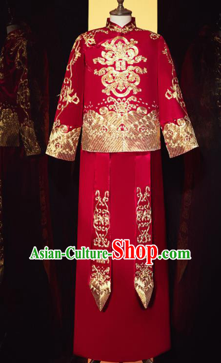 Chinese Ancient Bridegroom Embroidered Dragon Red Mandarin Jacket and Gown Traditional Wedding Tang Suit Costumes for Men