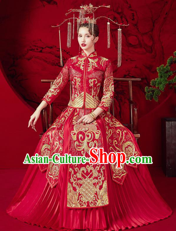 Chinese Traditional Bride Embroidered Red Xiu He Suit Wedding Drilling Blouse and Dress Bottom Drawer Ancient Costumes for Women