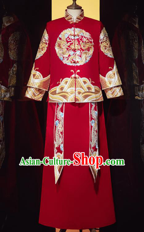 Chinese Ancient Bridegroom Embroidered Double Dragon Red Mandarin Jacket and Gown Traditional Wedding Tang Suit Costumes for Men