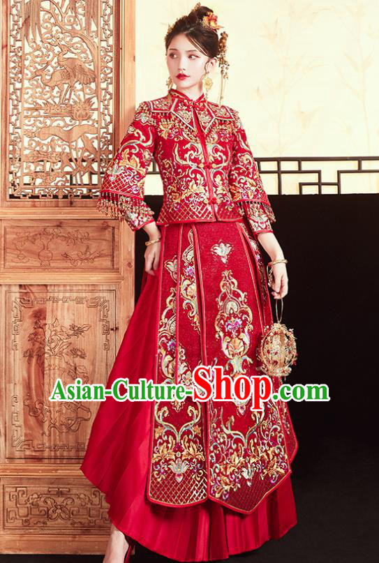 Chinese Traditional Bride Embroidered Red Xiu He Suit Wedding Blouse and Dress Bottom Drawer Ancient Costumes for Women