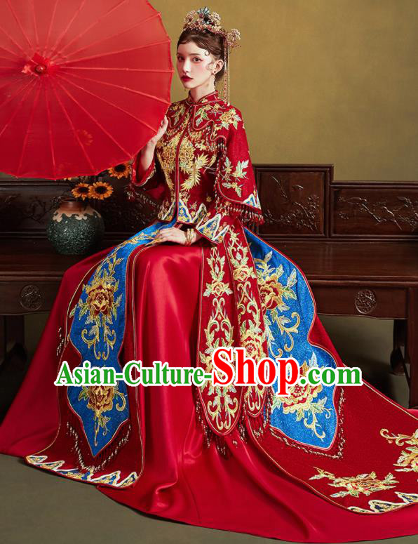 Chinese Traditional Wedding Embroidered Peony Blouse and Trailing Dress Red Bottom Drawer Xiu He Suit Ancient Bride Costumes for Women