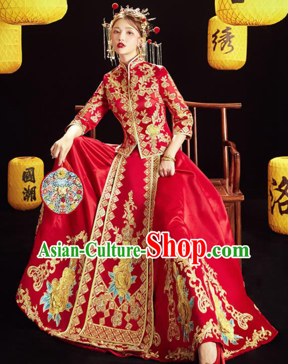 Chinese Traditional Wedding Embroidered Golden Peony Blouse and Dress Red Bottom Drawer Xiu He Suit Ancient Bride Costumes for Women